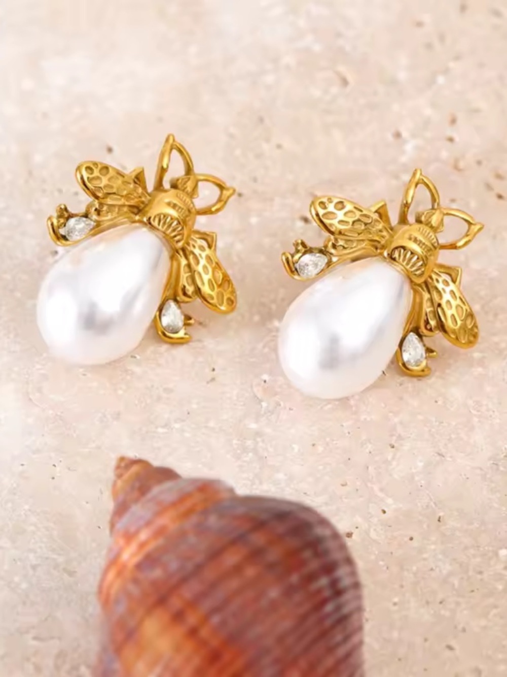 Gold Bee Pearl Drop Earrings